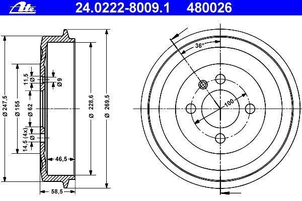 Tambour de frein ATE ref. 24.0222-8009.1