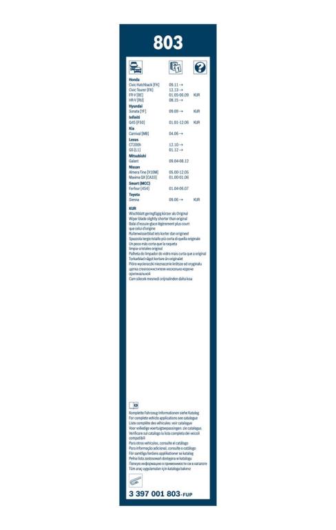 Balai d'essuie-glace (Essuie glace) BOSCH 803 - ref. 3 397 001 803