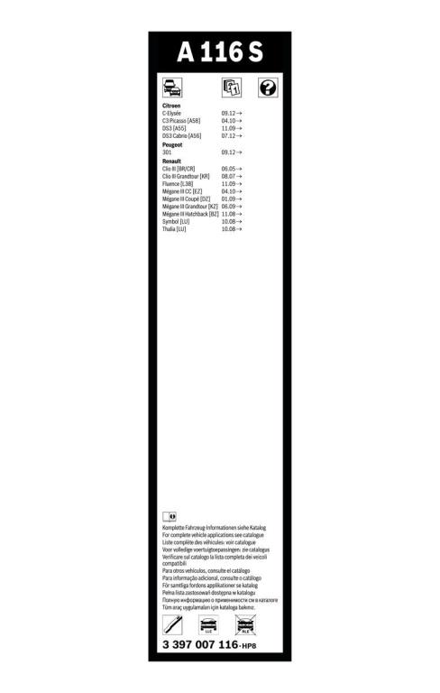 Balai d'essuie-glace (Essuie glace) BOSCH A 116 S - ref. 3 397 007 116