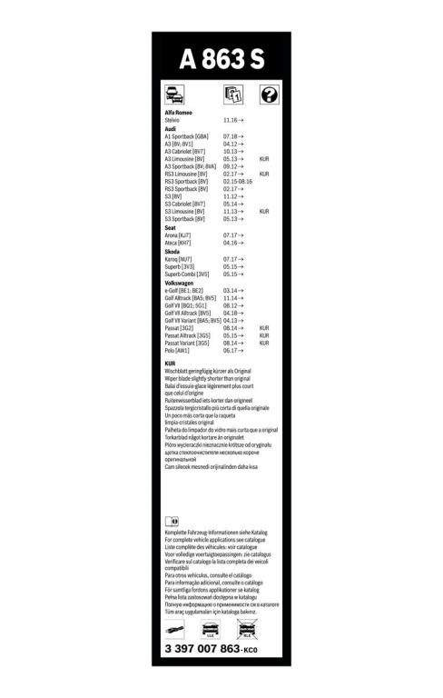 Balai d'essuie-glace (Essuie glace) BOSCH A 863 S - ref. 3 397 007 863