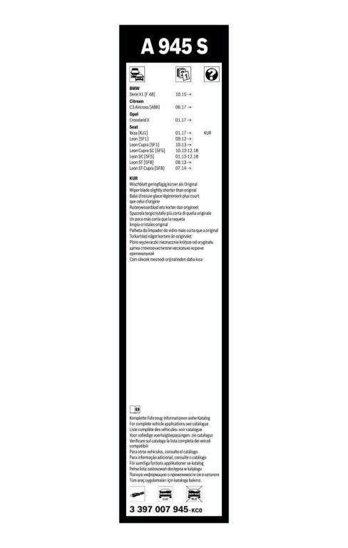 Balai d'essuie-glace (Essuie glace) BOSCH A 945 S - ref. 3 397 007 945