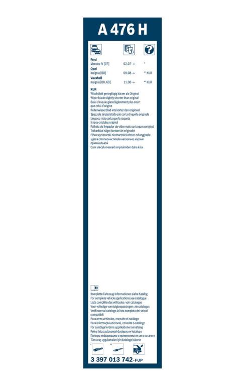 Balai d'essuie-glace (Essuie glace) BOSCH A 476 H - ref. 3 397 013 742