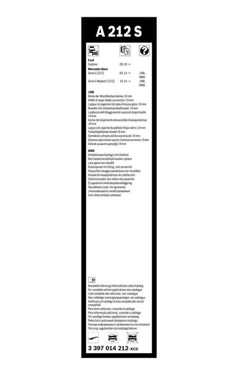 Balai d'essuie-glace (Essuie glace) BOSCH A 212 S - ref. 3 397 014 212