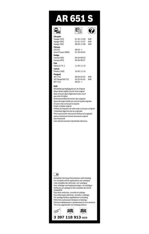 Limpiaparabrisas (Escobillas) BOSCH AR 651 S - ref. 3 397 118 913