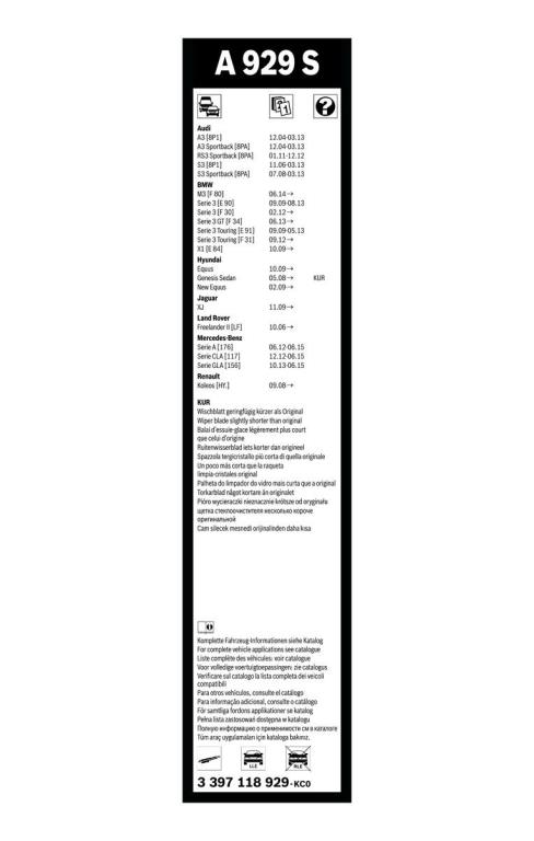 Balai d'essuie-glace (Essuie glace) BOSCH A 929 S - ref. 3 397 118 929