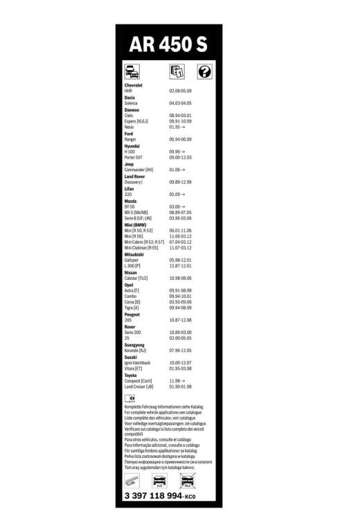 Limpiaparabrisas (Escobillas) BOSCH AR 450 S - ref. 3 397 118 994