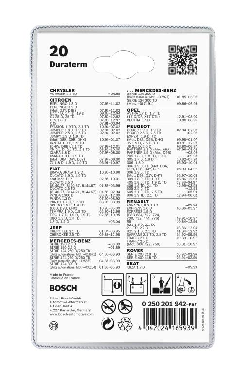 Jeu de 2 bougies de préchauffage BOSCH ref. 0 250 201 942