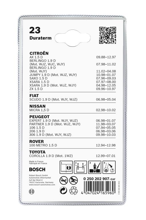Jeu de 2 bougies de préchauffage BOSCH ref. 0 250 202 907