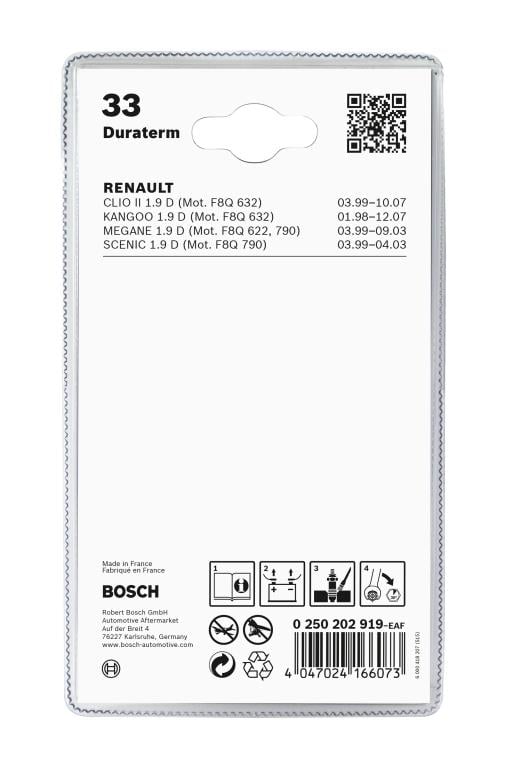Jeu de 2 bougies de préchauffage BOSCH ref. 0 250 202 919