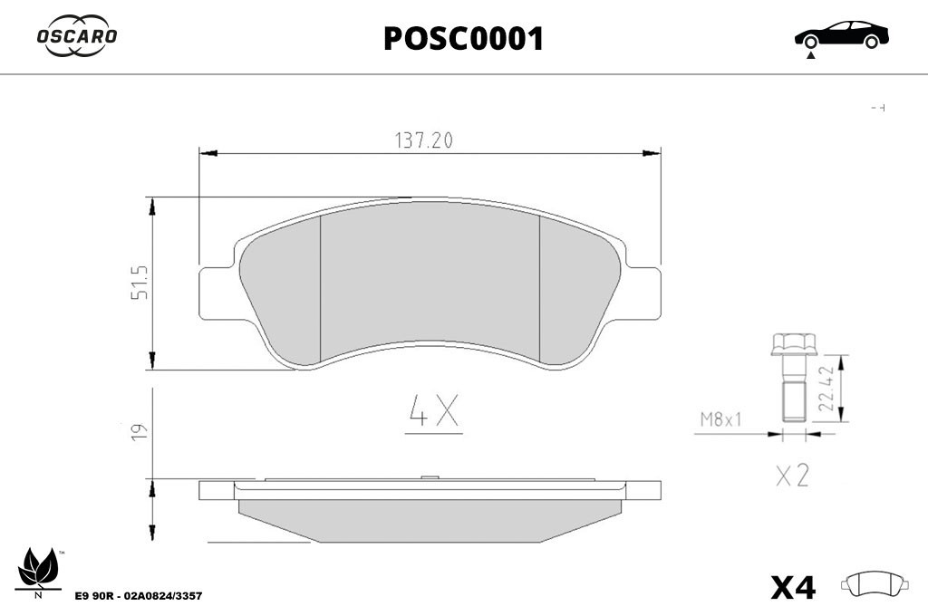 Jogo de 4 pastilhas de travão OSCARO ref. POSC0001