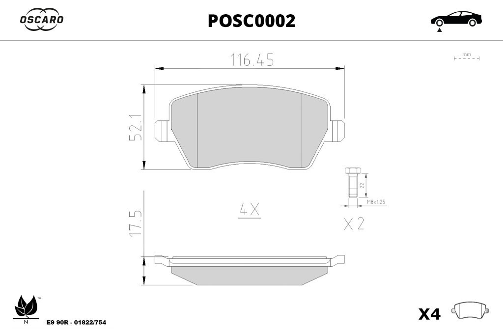 Jogo de 4 pastilhas de travão OSCARO ref. POSC0002