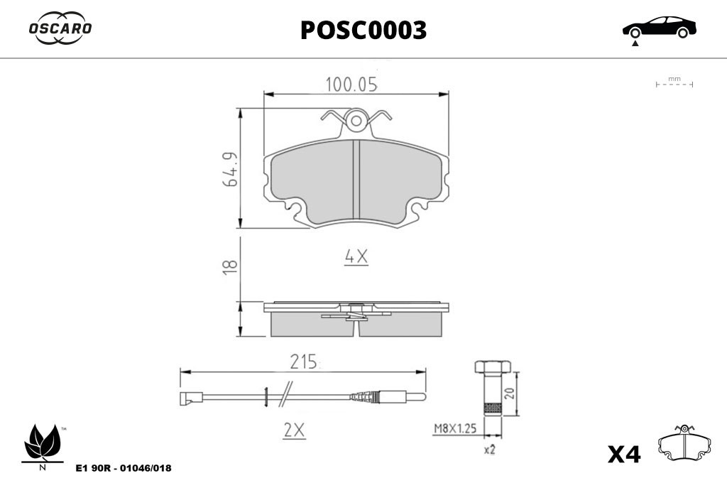 Jeu de 4 plaquettes de frein OSCARO ref. POSC0003