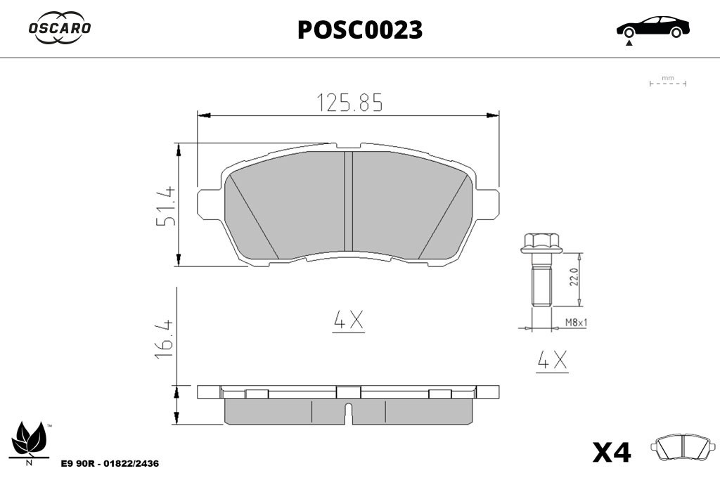 Jogo de 4 pastilhas de travão OSCARO ref. POSC0023