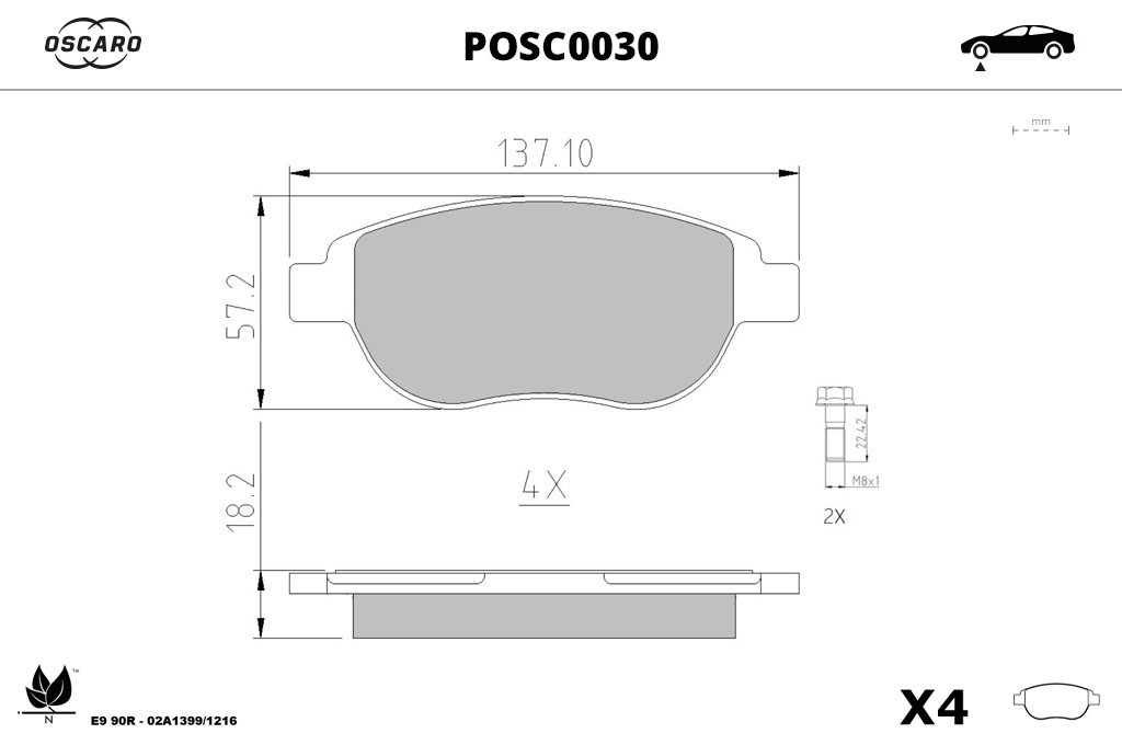 Jeu de 4 plaquettes de frein OSCARO ref. POSC0030