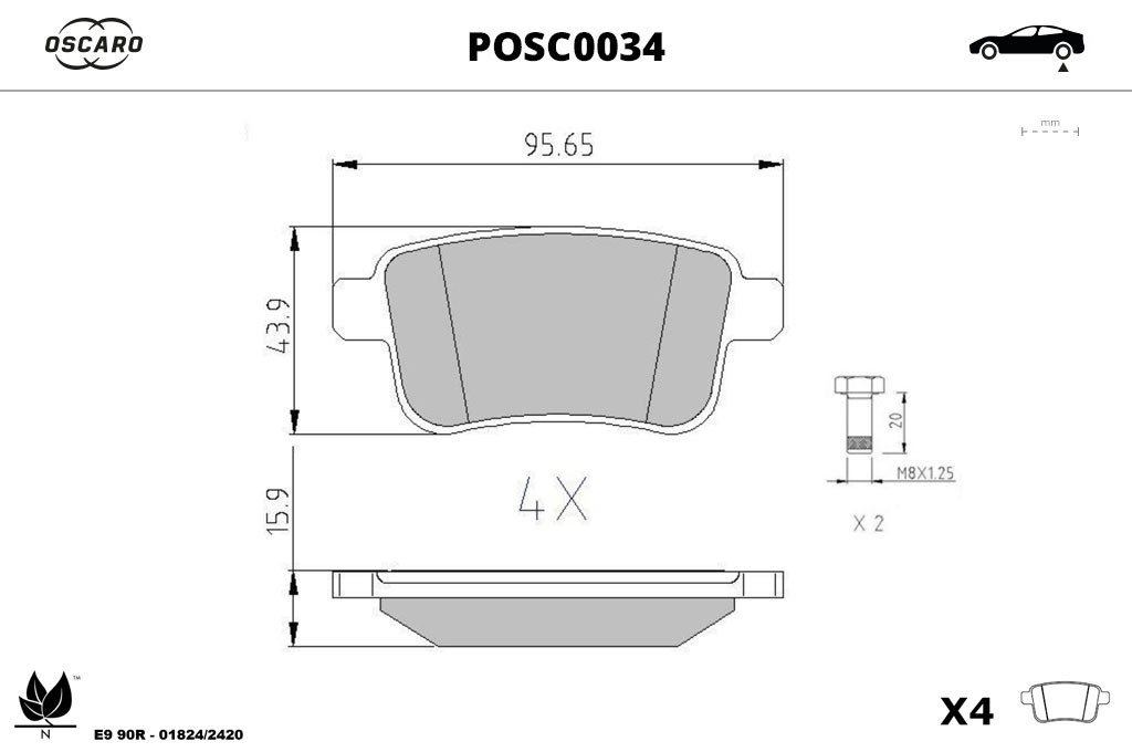 Jeu de 4 plaquettes de frein OSCARO ref. POSC0034
