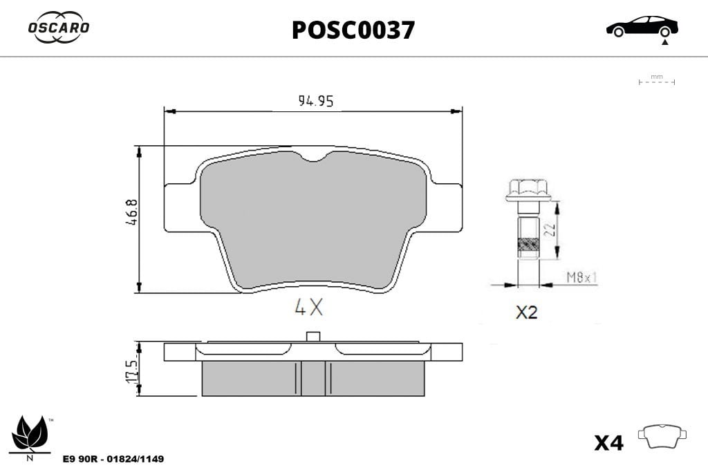 Jogo de 4 pastilhas de travão OSCARO ref. POSC0037