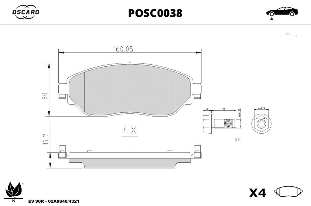 Jogo de 4 pastilhas de travão OSCARO ref. POSC0038