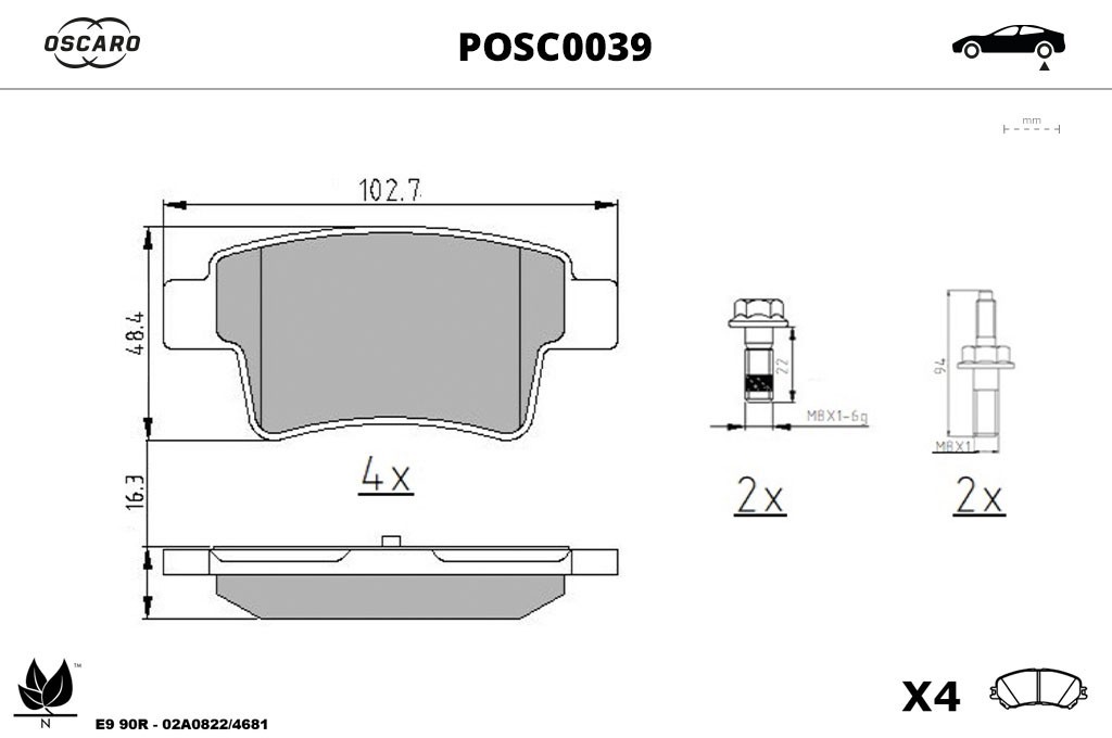 Jeu de 4 plaquettes de frein OSCARO ref. POSC0039