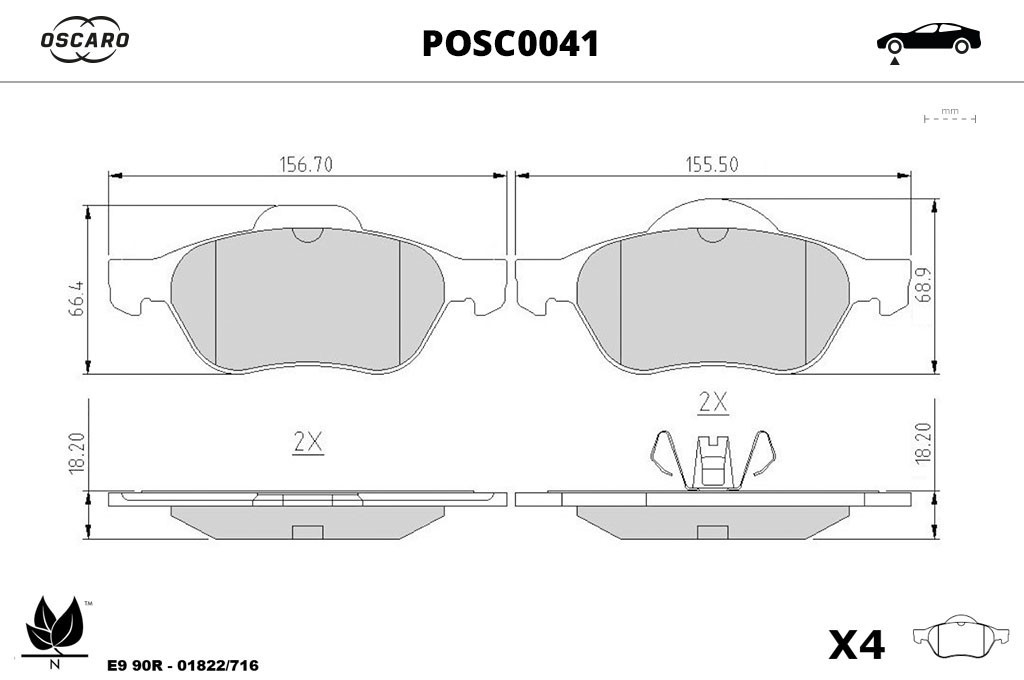 Jeu de 4 plaquettes de frein OSCARO ref. POSC0041