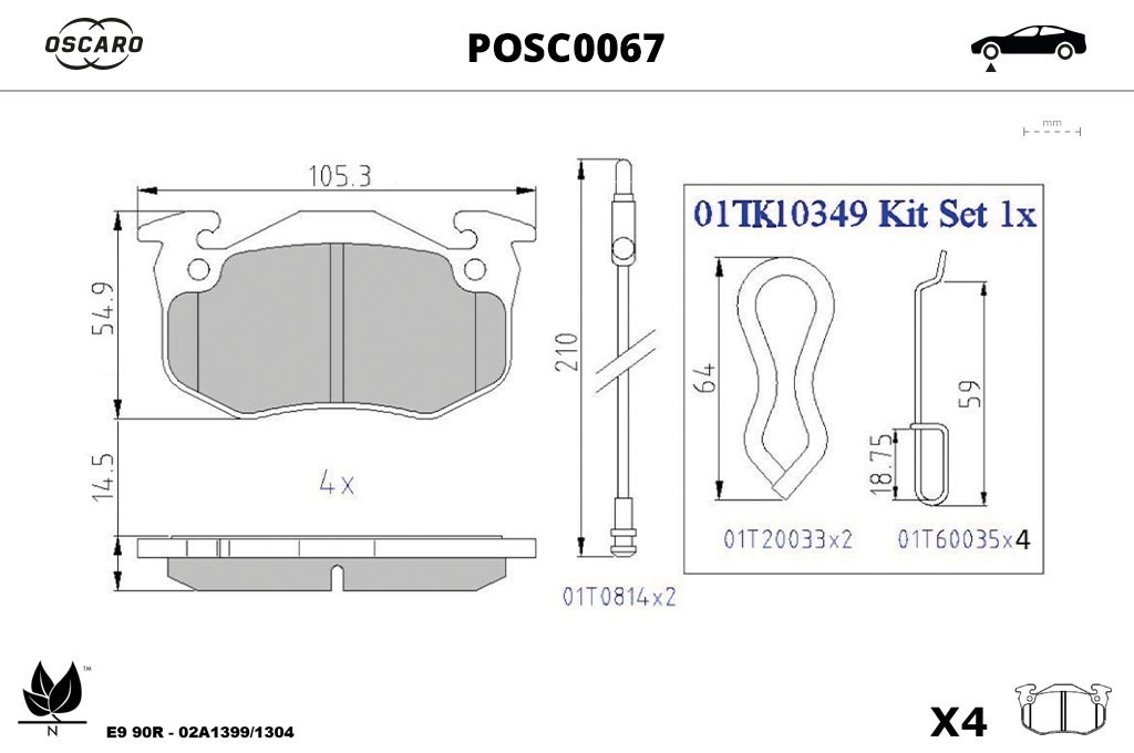 Jeu de 4 plaquettes de frein OSCARO ref. POSC0067
