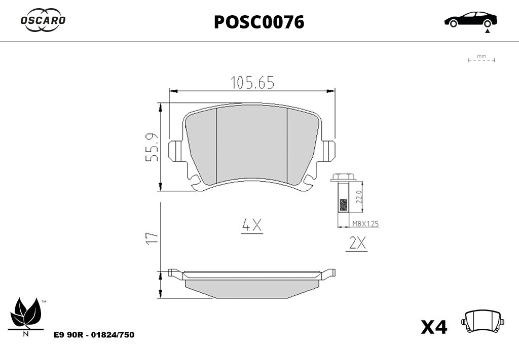Jogo de 4 pastilhas de travão OSCARO ref. POSC0076
