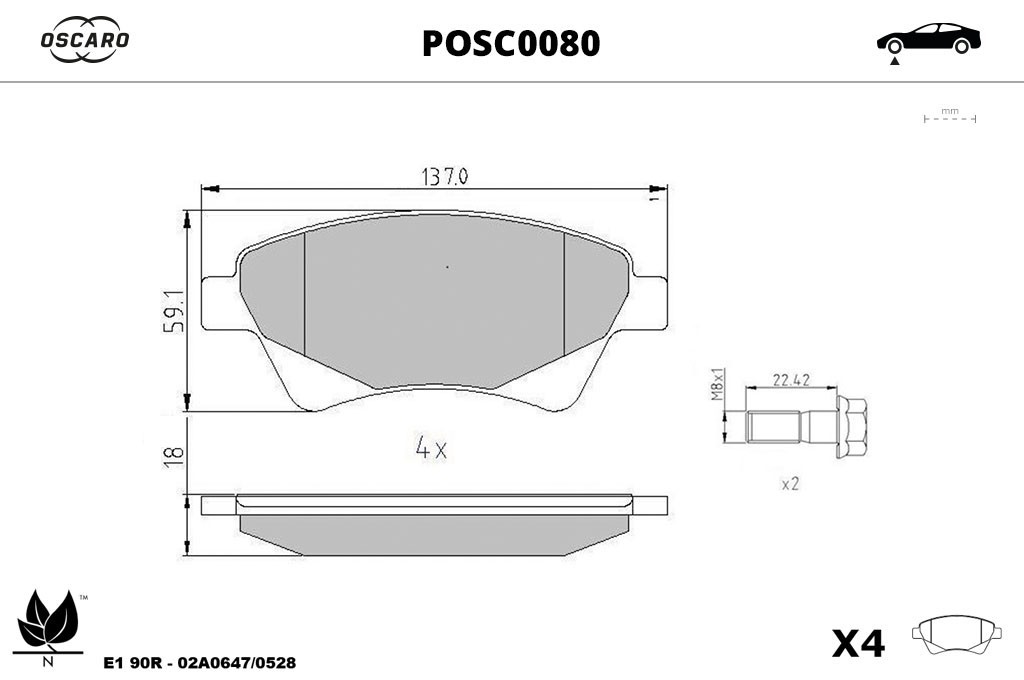 Jogo de 4 pastilhas de travão OSCARO ref. POSC0080