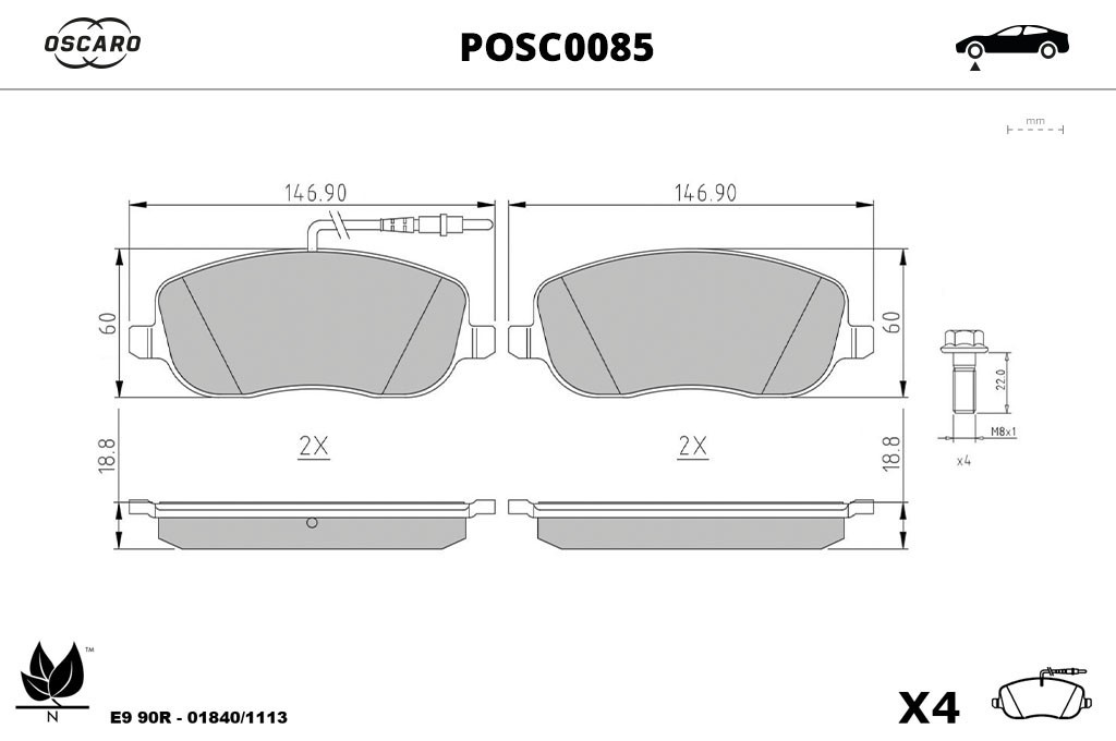 Jogo de 4 pastilhas de travão OSCARO ref. POSC0085