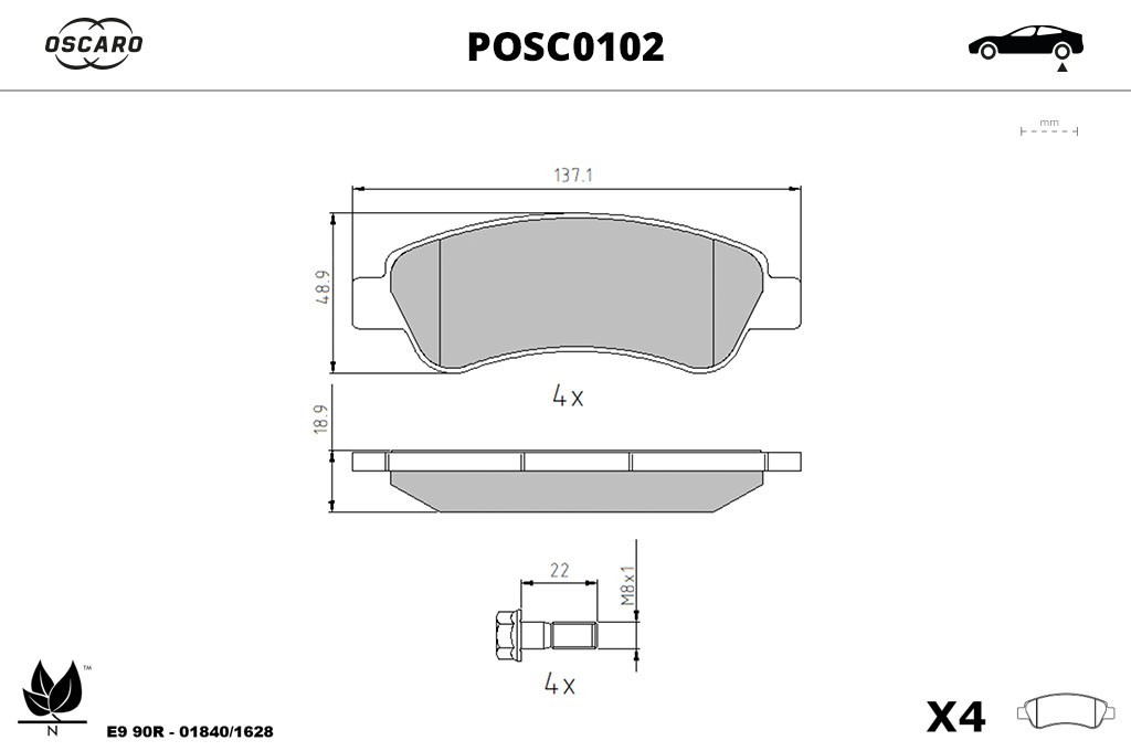 Jogo de 4 pastilhas de travão OSCARO ref. POSC0102