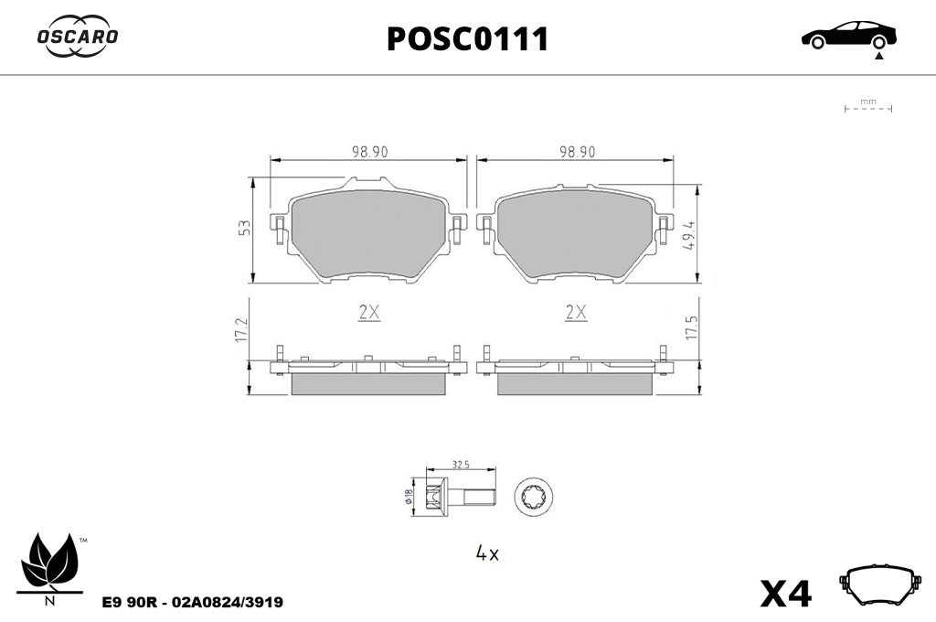 Jeu de 4 plaquettes de frein OSCARO ref. POSC0111
