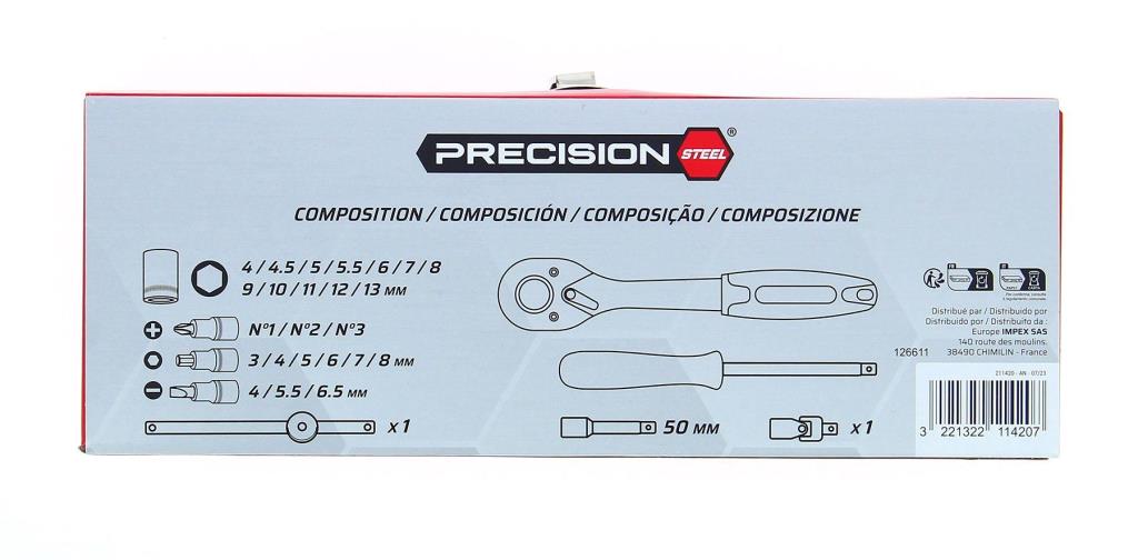Coffret cliquets et douilles 1/4" PRECISION STEEL ref. 211420