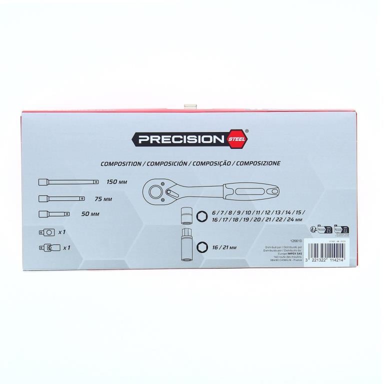 Coffret cliquets et douilles 3/8" PRECISION STEEL ref. 211421