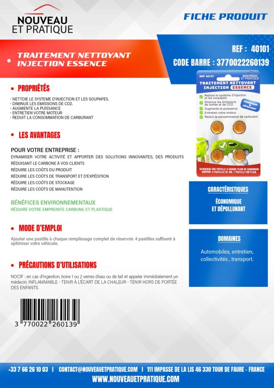 Additif Carburant Essence (Additif réservoir à carburant) NOUVEAU ET PRATIQUE TRAITEMENT NETTOYANT ESSENCE - ref. 40101