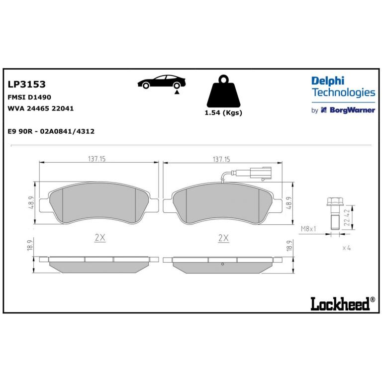 Jeu de 4 plaquettes de frein DELPHI ref. LP3153